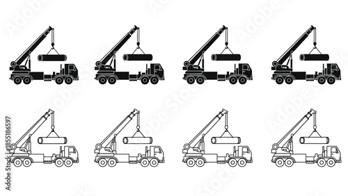Repeated illustration of mobile cranes lifting cylindrical objects in a row
