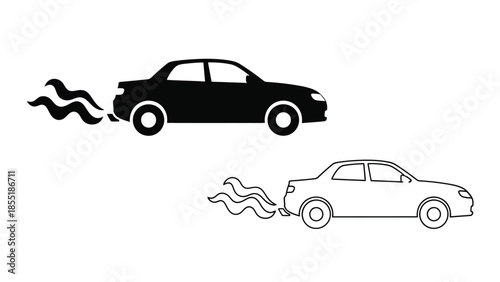 Black silhouette of a car emitting exhaust fumes with a line art version below