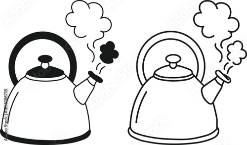 Simple black and white illustration of a steaming kettle in two different styles