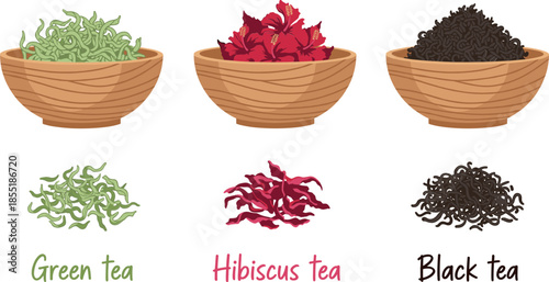 Vector Set of Green Hibiscus and Black Tea Varieties in Wooden Bowls