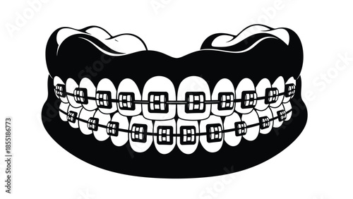 A black and white illustration of teeth with metal braces on a white background