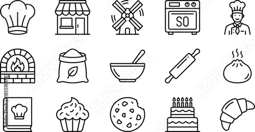 Bakery and Pastry Line Icon Set Featuring Chef Hat, Storefront, Windmill, Oven, Baker, Flour, Rolling Pin, Cupcake, Cookie, Cake, and Croissant