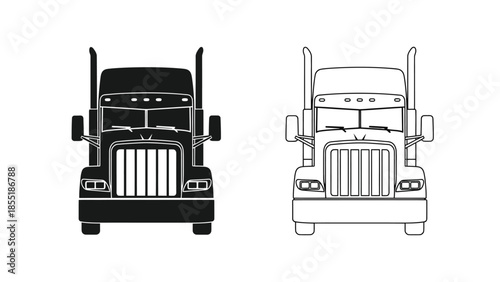Two semi trucks displayed in contrasting black and white line art styles