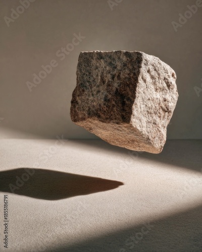 Floating Natural Stone Casting Strong Shadow in Minimal Abstract Scene