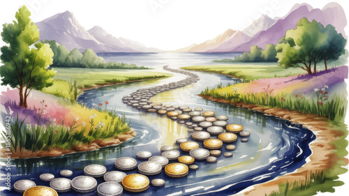 Financial growth river path made of coins in colorful watercolor landscape, investment journey to wealth across nature scenery