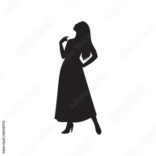 Elegant silhouette of a woman in a long flowing dress posing gracefully against a white background