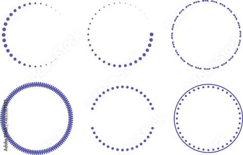Dotted circular progress indicators set. Dashed rings and loading loops in blue style. Ideal for UI, dashboards, timers, and infographics.