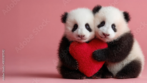 Two cute pandas hug and hold a red heart on a pink background, symbolizing romance, affection, Valentine's Day, and a warm emotional connection. Banner with space for text.