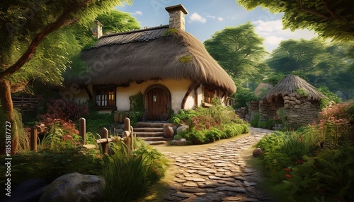 rustic haven a thatched cottage among verdant foliage and stone pathways