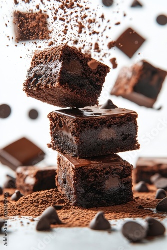 floating brownies with chocolate chips and cocoa powder splash, isolated on white background