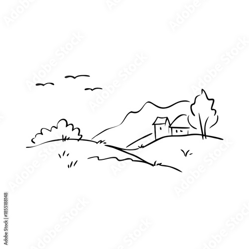 Hand drawn storybook countryside sketch shows hills, houses, trees. Elegant line illustration depicts peaceful storybook countryside sketch with mountains, birds.