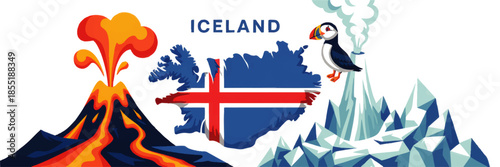 Iceland travel illustration with volcano eruption, glaciers, puffin bird and Icelandic flag map in colorful flat vector style