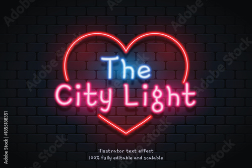 The city light neon heart sign on brick wall