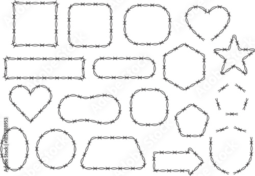 Hand-drawn dashed outline frames and shapes. Sketchy borders, arrows, hearts, and icons. Black and white doodle elements for graphic design.