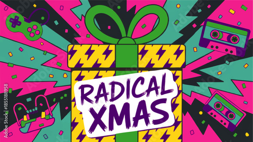Retro 80s Radical Xmas gift box illustration, neon pop art Christmas present with cassette tapes, game controller and bold typography