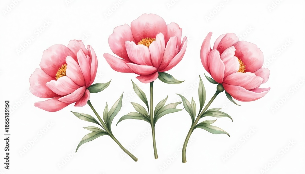 Obraz premium Three delicate pink peonies with green stems, leaves stand against plain white background. Hand painted floral art evokes sense of gentle beauty, spring freshness. Suitable for designs celebrating