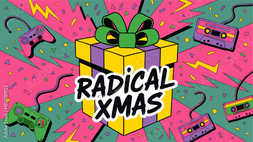 Radical Xmas retro pop art gift box with gaming controllers cassette tapes neon 80s Christmas party background