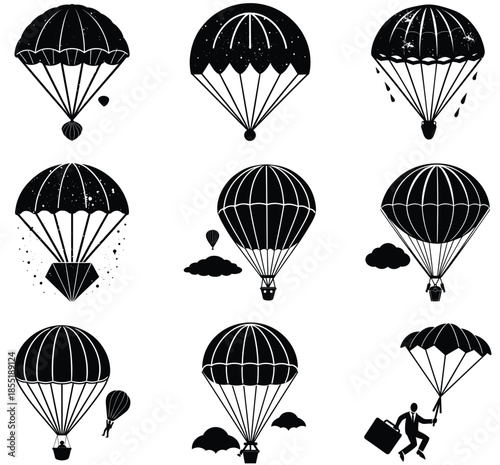 Parachute and Hot Air Balloon Silhouette Vector Illustration