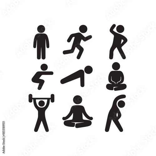 Fitness Exercise Stick Figure Icons – Workout, Yoga, Running, Stretching Vector Set