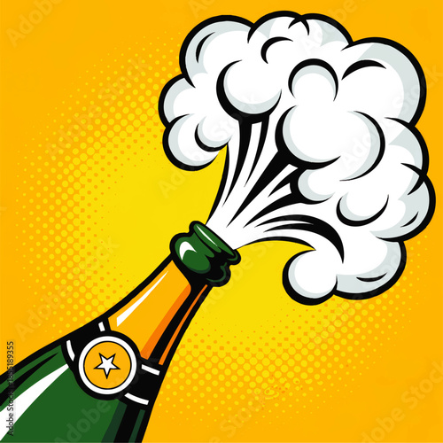 Pop art champagne bottle explosion with foam on bright yellow background, festive celebration vector illustration for party design