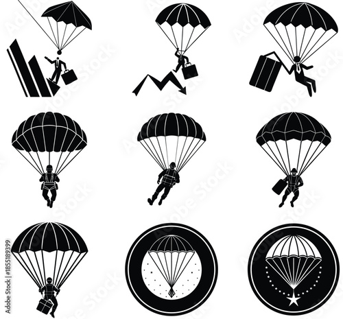 Parachuting Businessman Silhouette Vector Illustrations Set