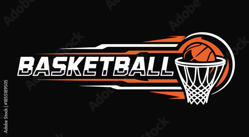 Basketball, artistic chalk sketch banner featuring contour illustration of flying basketball ball on curved trajectory toward hoop and net, dark blackboard background sports design.