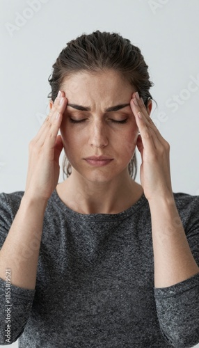 Woman Holding Head Pain Against Gray Background