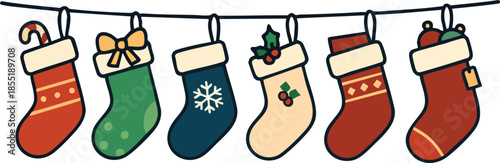 A cheerful lineup of colorful christmas stockings hanging on a string, ready for holiday treats
