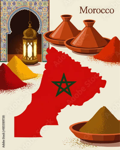 Morocco culture illustration with map, tagine dishes, colorful spices, Arabic lantern and traditional Moroccan mosaic arch