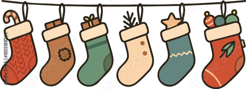 A cheerful lineup of colorful christmas stockings hanging on a string, ready for holiday treats

