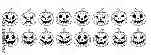 Set of three carved halloween pumpkins with jack-o'-lantern faces in full color, black silhouette, and line drawing style eps vector file.	
