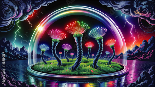 Futuristic neon biome under glass dome with glowing alien plants, lightning storm sky and sci fi landscape illustration