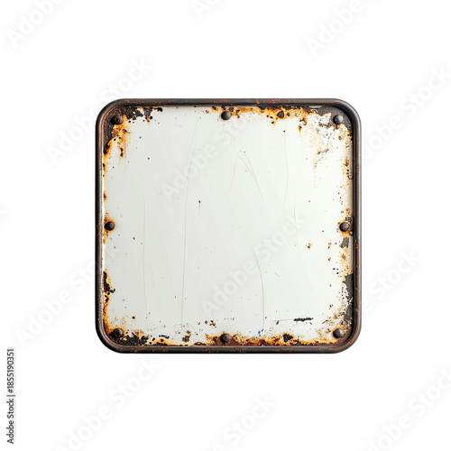 A square, white, heavily rusted and distressed metal sign blank set against a stark black background.