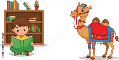Cute Cartoon Camel Decorated with a Red and Blue Saddle, Beads, and Colorful Pom Poms for Desert or Mascot Themes Vector.