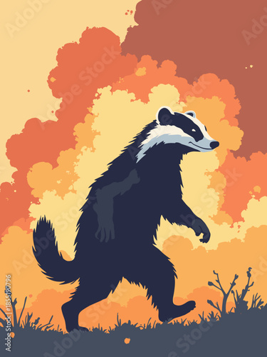 A Honey Badger walking away from an explosion (cool guys don't look back). Funny flat vector mascot