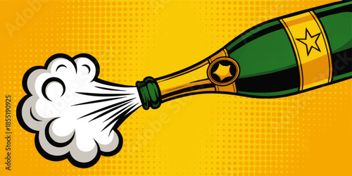 Pop art champagne bottle explosion on yellow comic background for celebration, party, New Year and festive event design