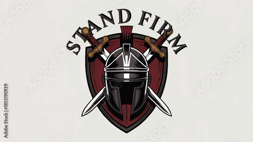 Stand Firm medieval warrior helmet emblem with crossed swords and shield, bold Christian armor motto vector illustration