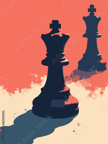 A chess piece (Pawn) casting a shadow of a King. 'Potential' concept. Flat vector, black and white noir style
