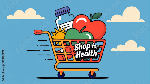 Healthy grocery shopping cart illustration with fruit, vitamins and sun, wellness concept text Shop for Health on blue background