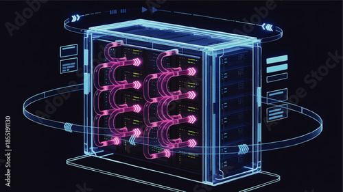 Futuristic data center server rack with neon cyber network connections and holographic interface on dark technology background