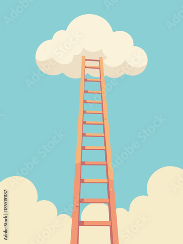 A ladder reaching up to a cloud. 'Cloud Storage' or 'Ambition' metaphor. Simple flat vector, blue sky