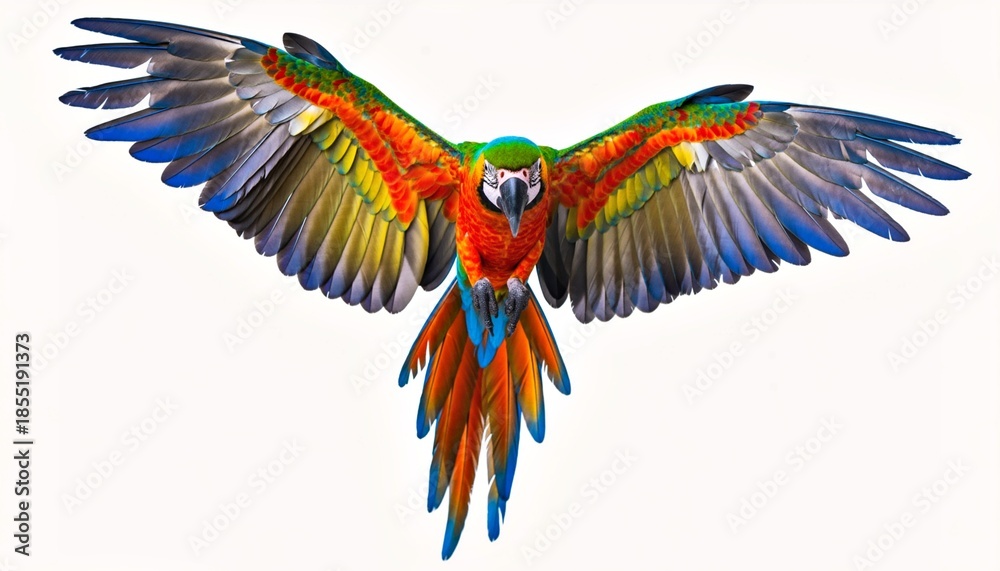 Fototapeta premium Vibrant Macaw in Dynamic Flight on White Background