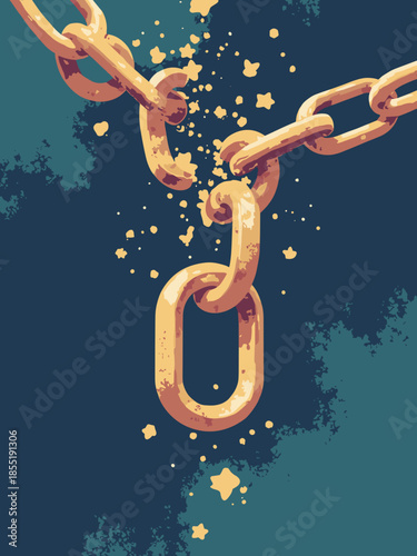 A broken chain link being repaired by a golden link. 'Stronger together' concept. Flat design, metallic colors