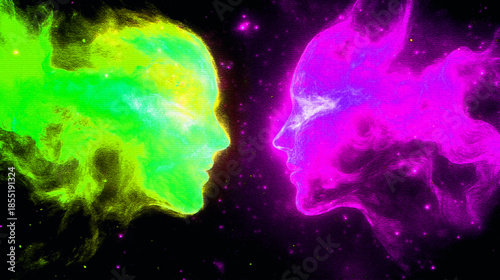 Abstract Neon Cosmic Faces in Duality Concept with Energy and Light