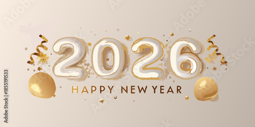 Golden new year 2026 celebration with balloons and confetti design