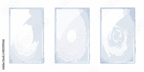 Three rectangular glass panels with abstract white swirling patterns displayed