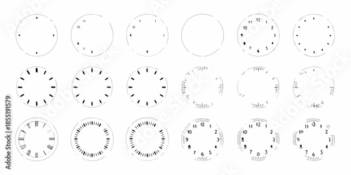 A collection of clock faces showing different times and designs isolated on white
