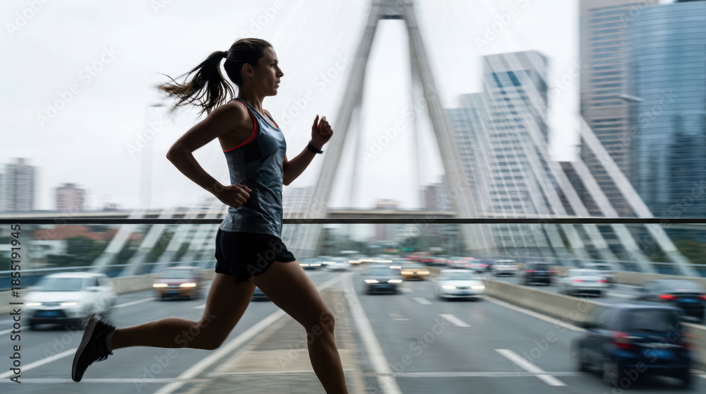 Obraz premium female athlete running on urban bridge during morning workout with city skyline motion blur