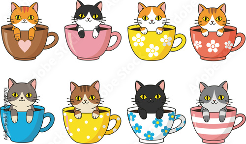Set of cute kawaii kittens sitting in colorful coffee cups with floral patterns isolated on white background vector illustration