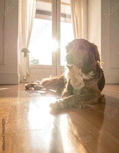 Cocker Spaniel lies on floor, bathed in warm sunlight